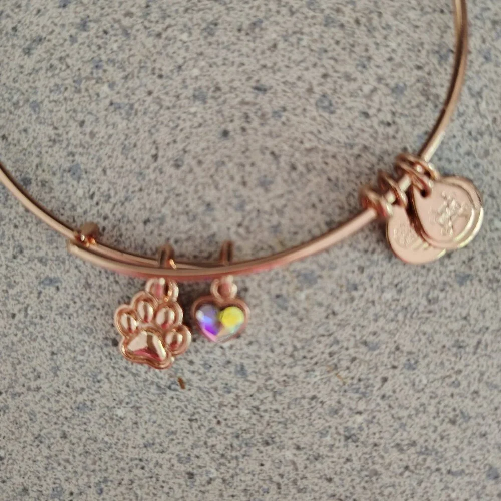 NWOT Alex and Ani Rose Gold Cat Dog Paw Heart Crystal Charm Bangle 157
